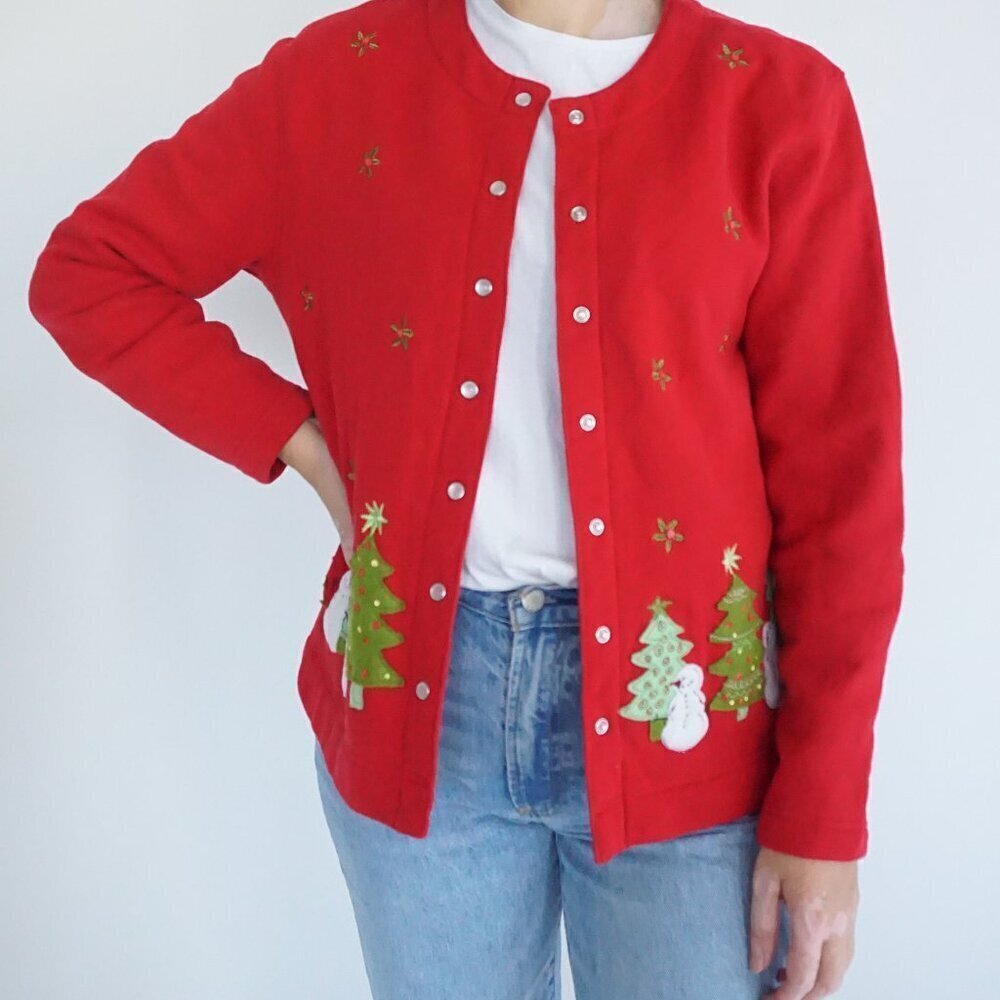 Vintage Classic Elements Red Embroidered Christmas Snowman Button Cardigan M
